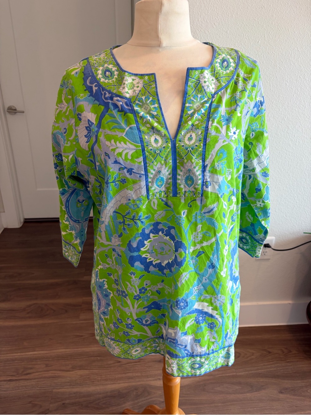 Gretchen Scott Designs Lime Green and Blue Floral Tunic
